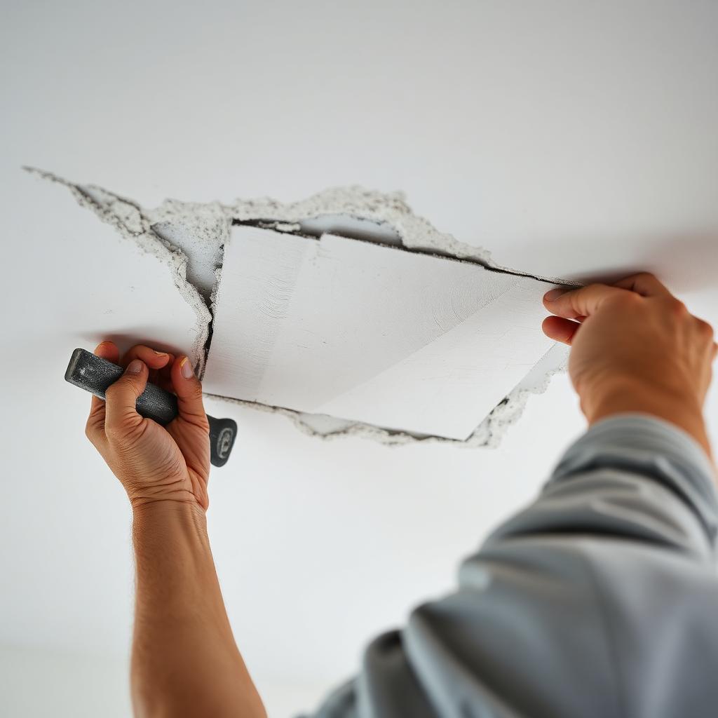 Plasterer repairing water-damaged ceiling